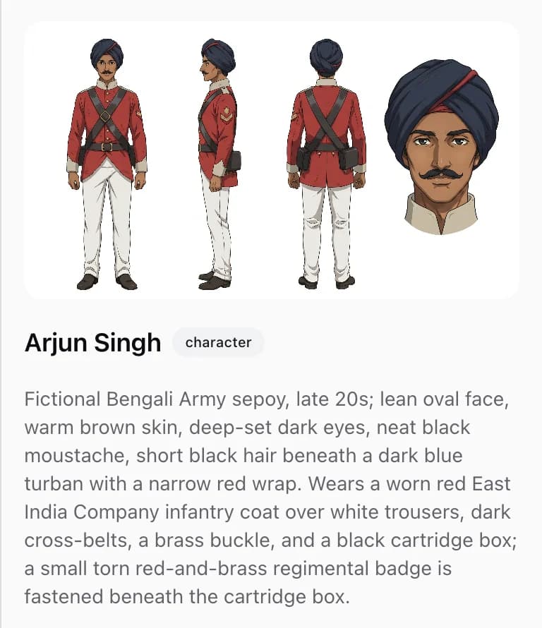 The reference canvas open on a character, showing one sheet with four views of the same sepoy — full-body front, side and back, and a face close-up — above his written description.