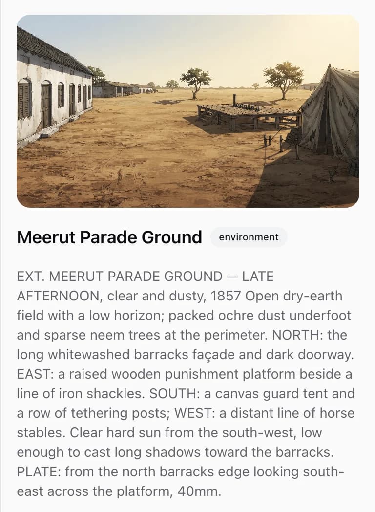 The reference canvas open on a location, showing a wide establishing plate of a dusty parade ground above a description naming what stands to the north, east, south and west, and the lens the plate was shot on.