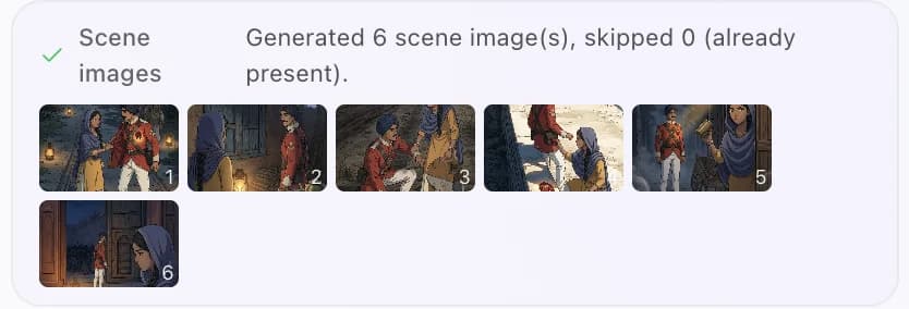 Six generated scene stills in order, numbered one to six, carrying the same two characters from a lantern-lit doorway through to a night street.